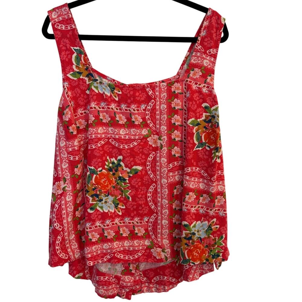 LC Lauren Conrad Red Floral Crop Tank Top Linen Blend Summer Picnic Western 2X